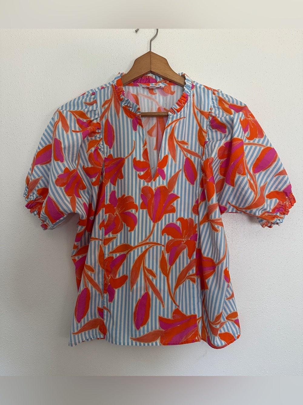 THML White Blouse with Pink and Orange Leaf Motif